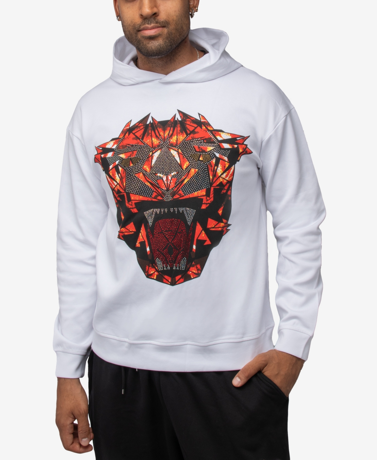 X-ray Men's Pullover Rhinestone Roaring Panther Hoodie In White