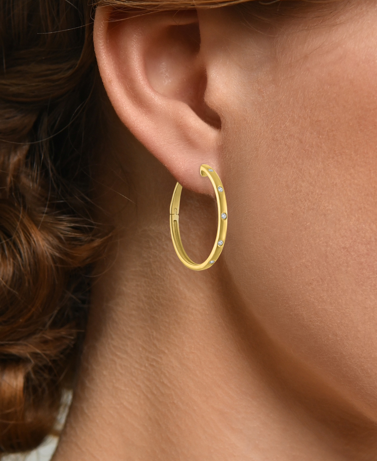 Macy's Diamond Studded Skinny Small Hoop Earrings (1/10 Ct. T.w.) In 14k Gold-plated Sterling Silver, 1" In Gold-plated Sterling Silver
