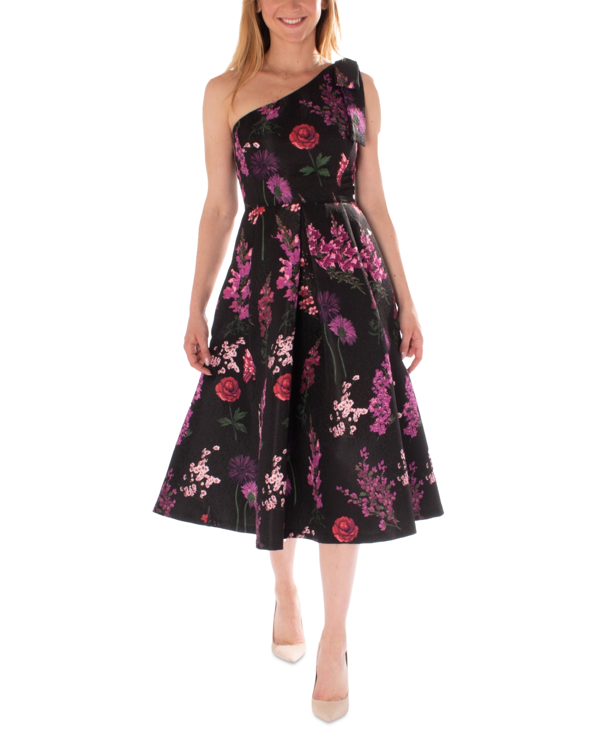 Women's Asymmetric Jacquard Fit & Flare Dress - Black/plum