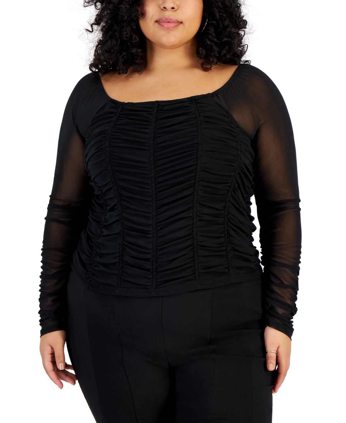 Full Circle Trends Trendy Plus Size Mesh-sleeve Ruched Corset Top In Black Beauty