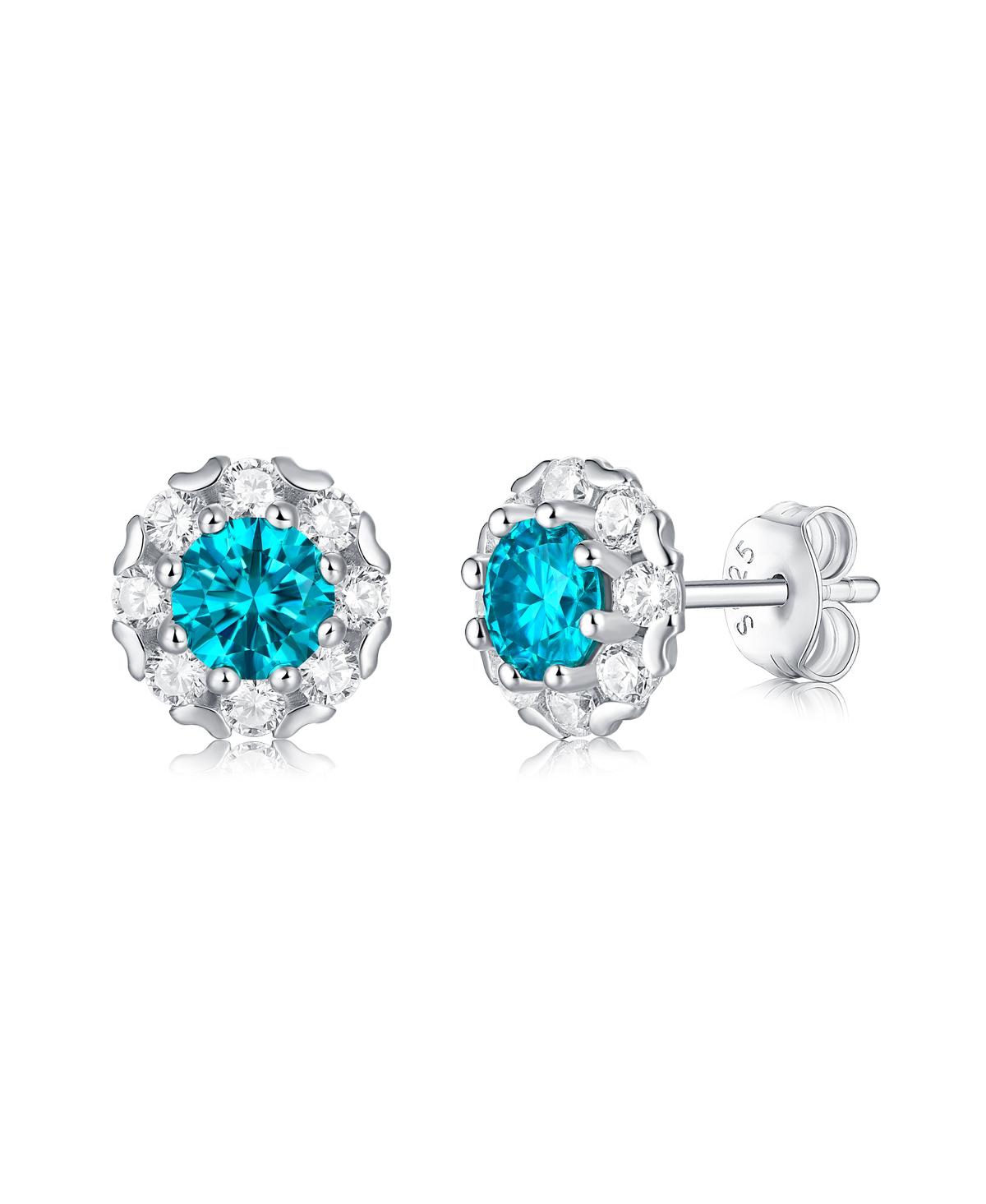 STELLA VALENTINO RADIANT STERLING SILVER ROUND HALO STUD EARRINGS WITH 0.50CTW LAB-CREATED MOISSANITE & BLUE TOPAZ, W