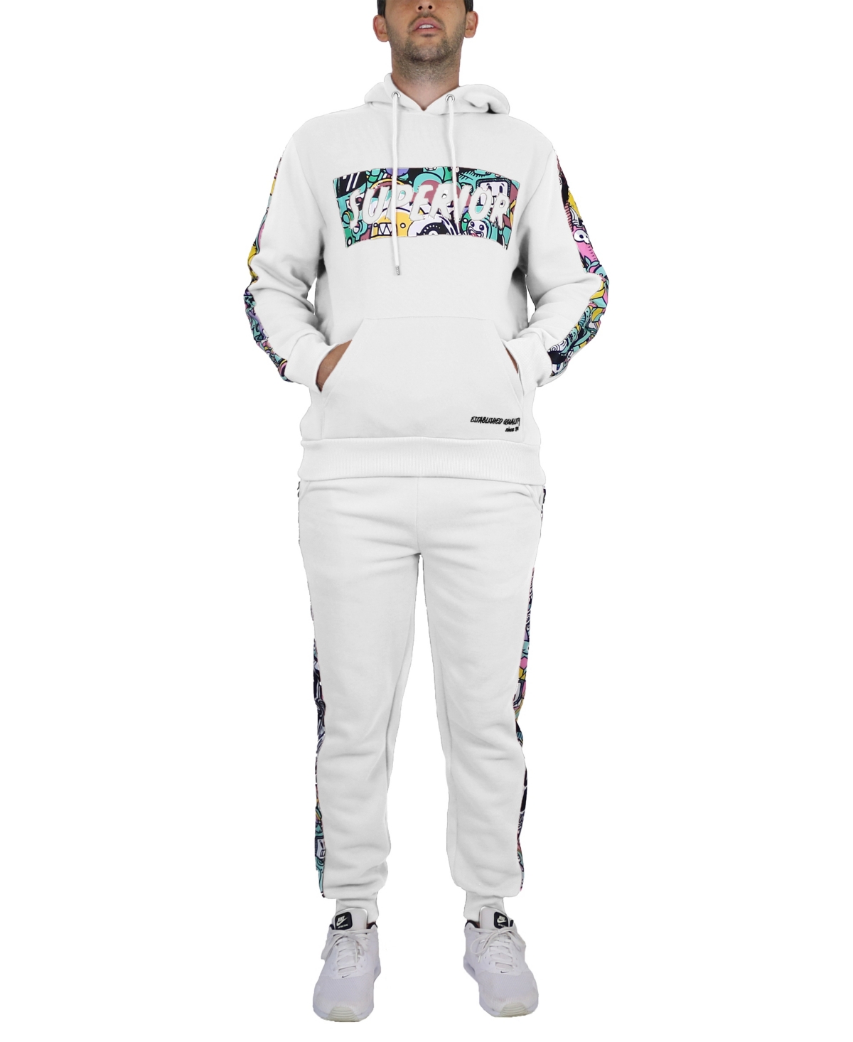 Galaxy By Harvic Men's Fleece-lined Pullover Hoodie And Jogger Sweatpants, 2 Piece Set In White