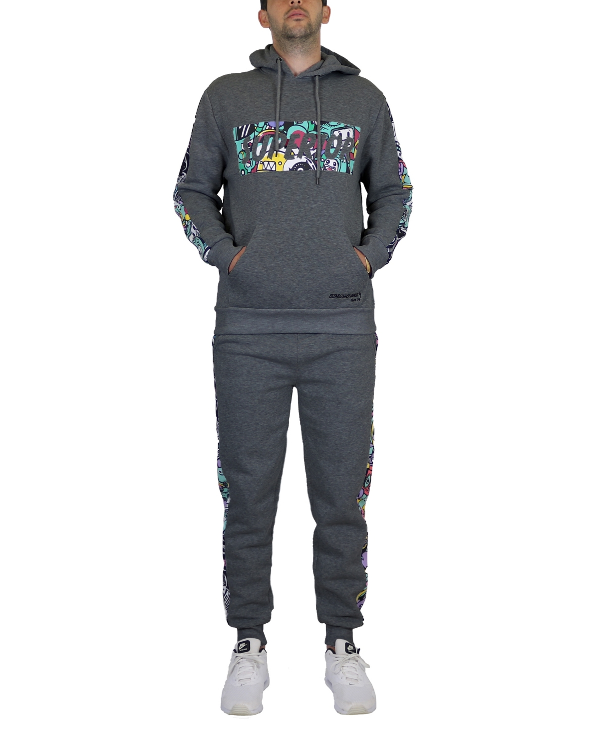 Men's Fleece-Lined Pullover Hoodie and Jogger Sweatpants, 2 Piece Set - White