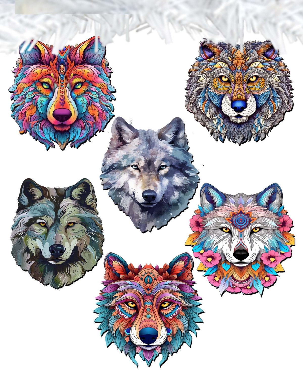 Designocracy Holiday Wooden Clip-on Ornaments Enigmatic Wolves Set Of 6 G. Debrekht In Multi Color