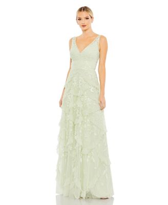 Mac Duggal Women's Sequined Scallop Ruffle Tiered V-Neck
