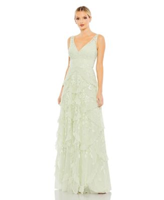【Mac Duggal】ビーズメッシュVネックガウンティアードフリル付 Mac Duggal】ビーズメッシュVネックガウンティアードフリル付