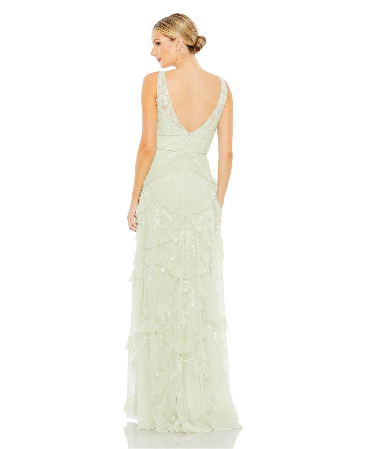 Women's Sequined Scallop Ruffle Tiered V-Neck Gown