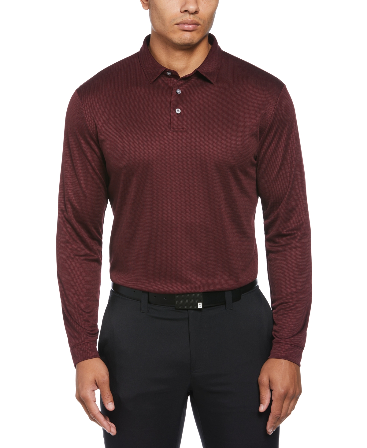 Men's Mini Jacquard Long Sleeve Golf Polo Shirt - Maroon Banner