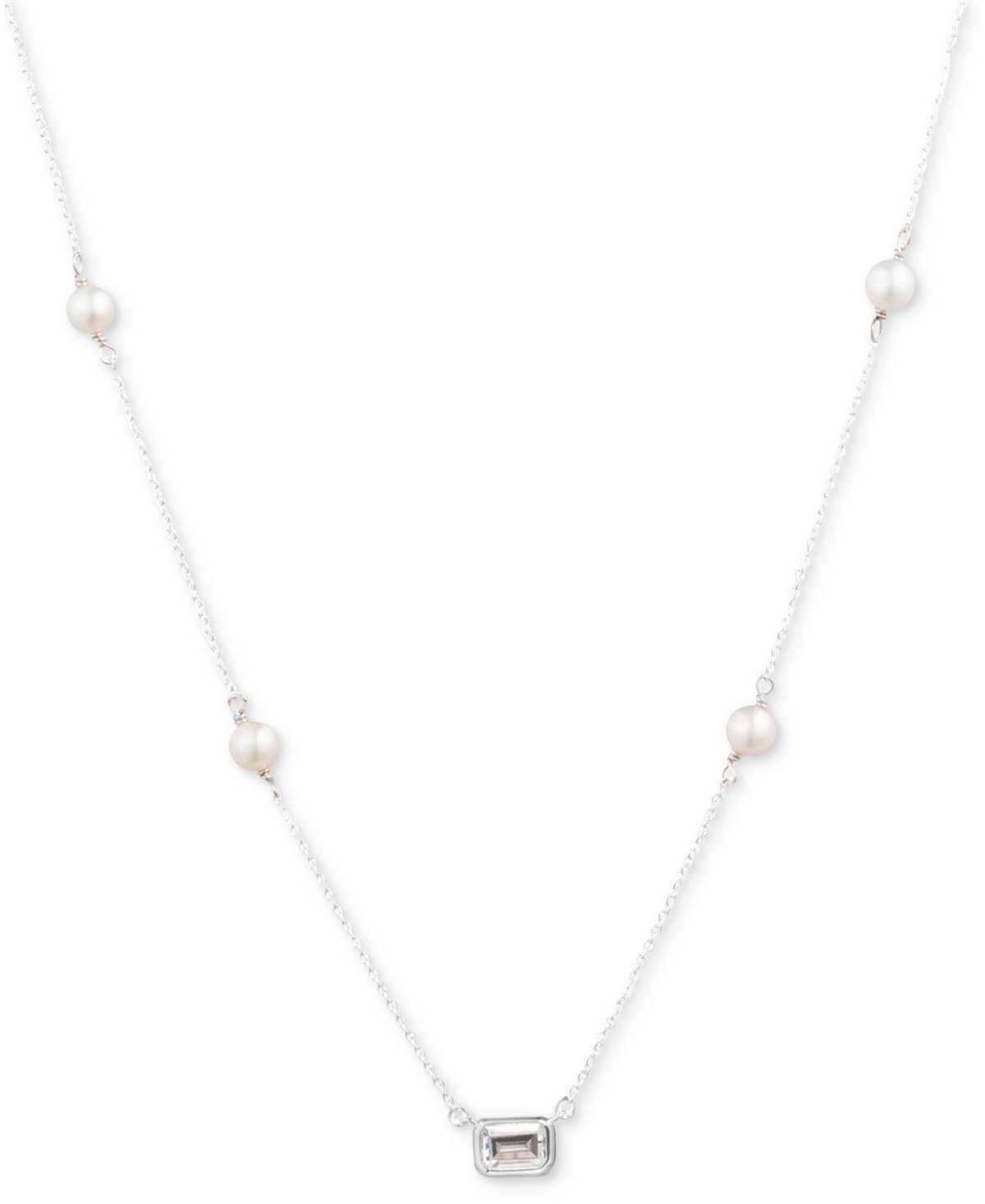 Lauren Ralph Lauren Freshwater Pearl (4 - 4-1/2mm) & Cubic Zirconia Collar Necklace in Sterling Silver, 15" + 3" extender - Sterling Silver