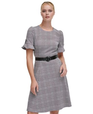 DKNY Women's Plaid Ruffled-Sleeve Fit & Flare Dress - Macy's