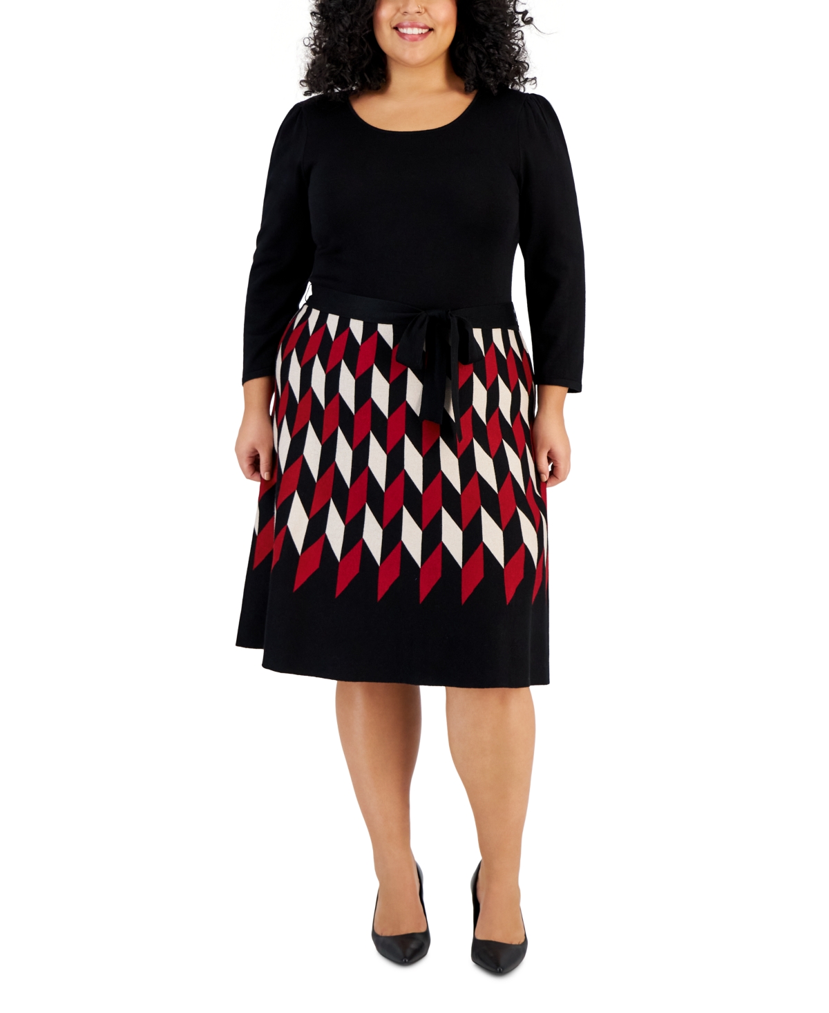 Taylor Plus Size Belted Patterned-skirt Sweater Dress In Black Powder Red