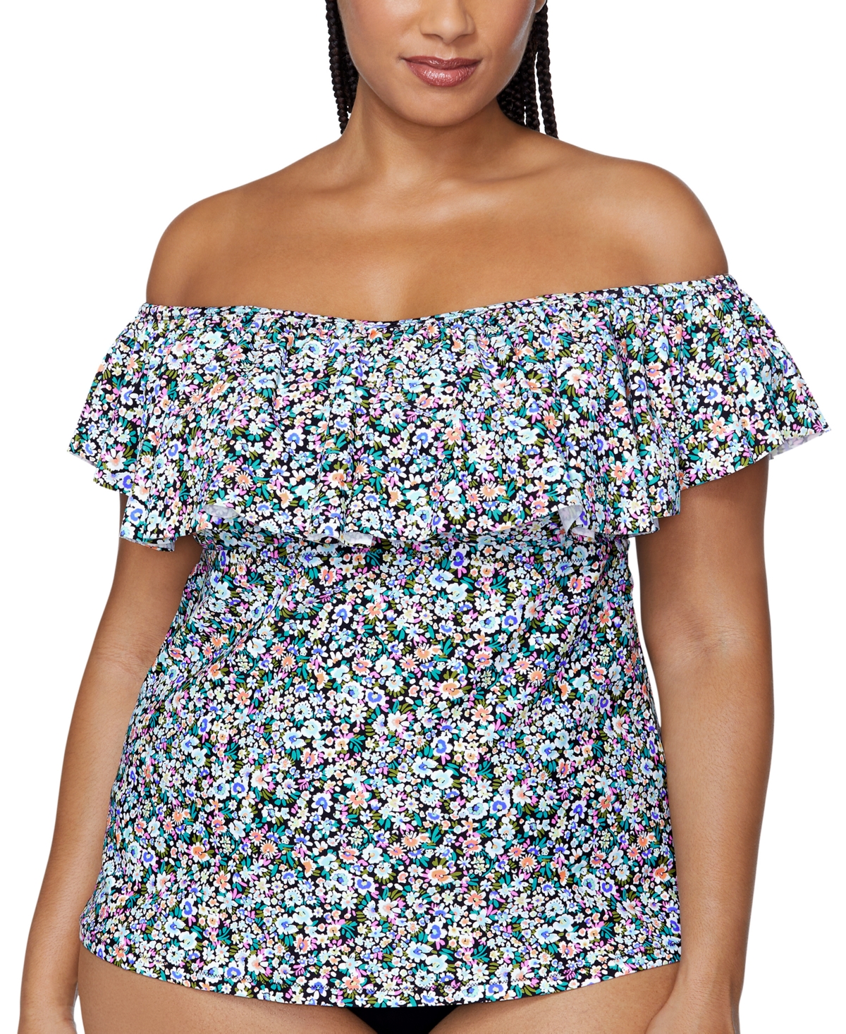 Trendy Plus Size Tortuga Ruffled Off-The-Shoulder Tankini Top - Black Floral