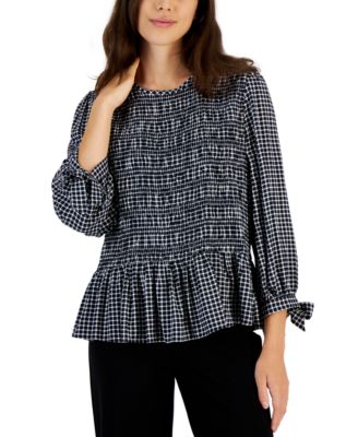 Tommy Hilfiger - Women's Checked Smocked Tie-Sleeve Peplum Top