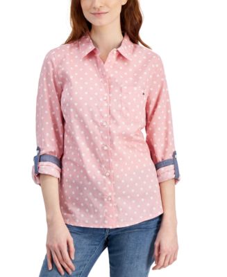 Tommy Hilfiger Women's Cotton Printed Roll-Tab Utility Shirt - Macy's