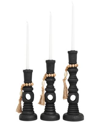 Wood Handmade Textured Matte Candle Holder with Beaded Garland Accent 14", 12" and 10" H, Set of 3