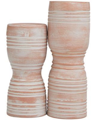 Ceramic Whitewashed Ribbed Terracotta Candle Holder 11" and 9" H, Set of 2