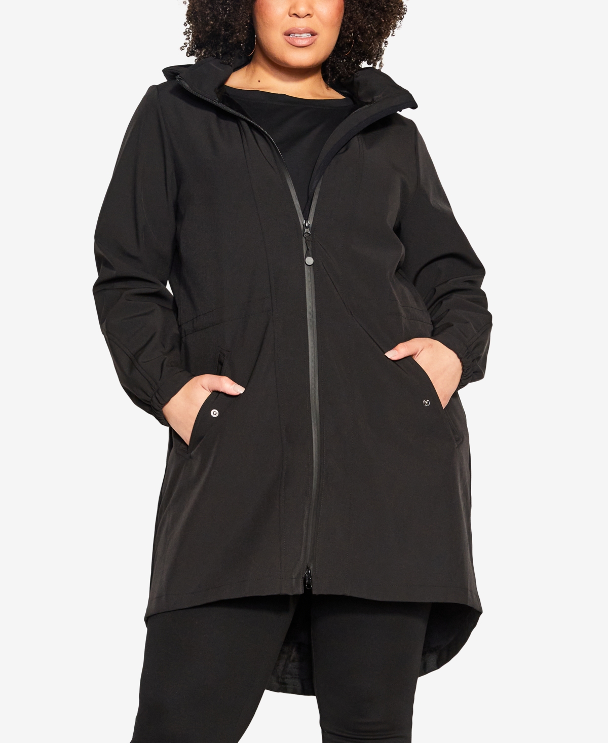 Avenue Plus Size Longline Weatherproof Hood Jacket In Black