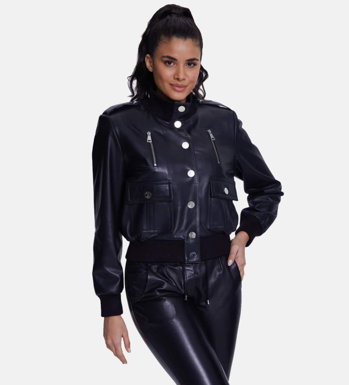 Furniq Uk Women's Genuine Leather Bomber Jacket,Nappa - Black
