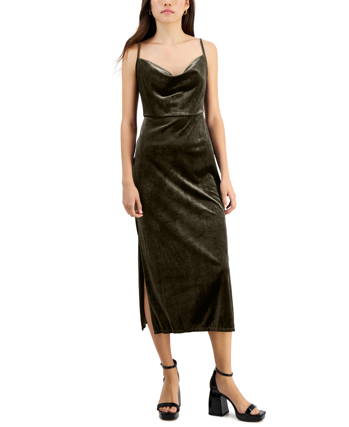 Shop Taylor Petite Cowl-neck Sleeveless Midi Velvet Dress In Olive