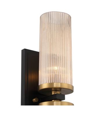 Modern Wall Light Sconce Black Brass Hardwired 4 1/4" 2-Light Fixture Ribbed Champagne Glass Shade for Bedroom Bathroom Vanity Living Room