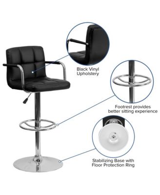 Contemporary Quilted Vinyl Adjustable Height Barstool With Arms