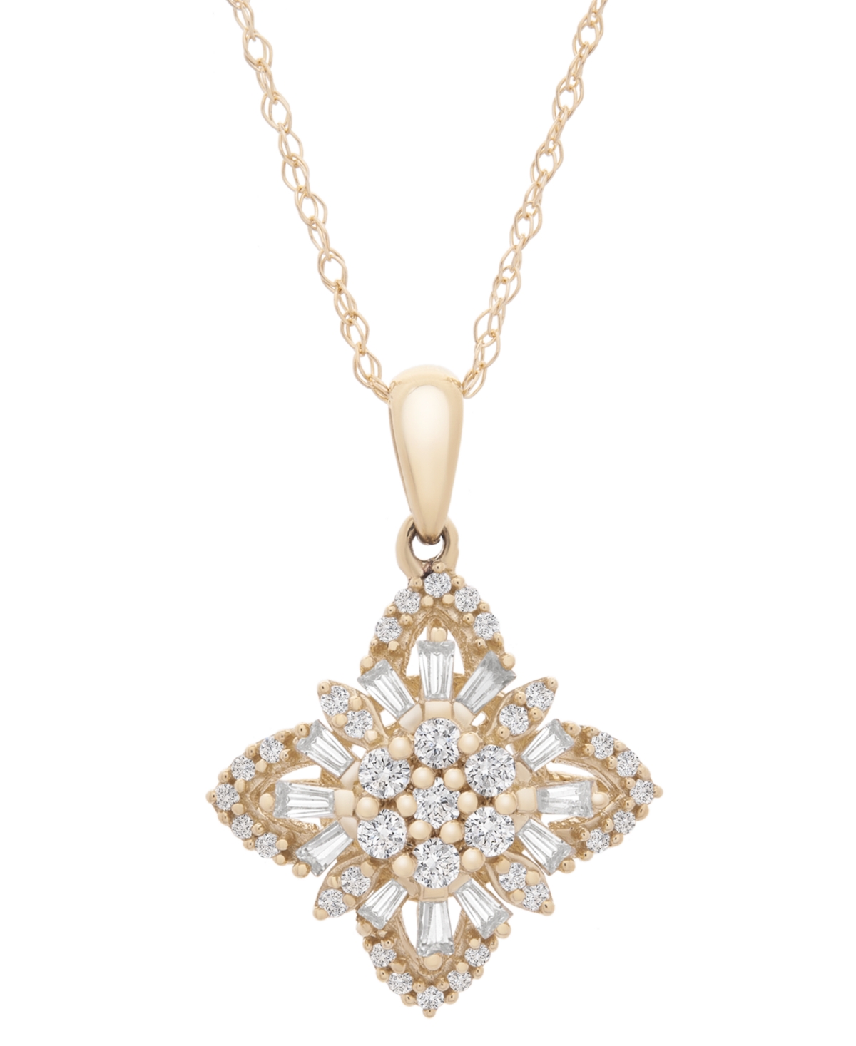 Wrapped In Love Diamond Round & Baguette Flower Pendant Necklace (1/2 Ct. Tw) In 14k Gold, 18" + 2" Extender, Create In K Yellow Gold