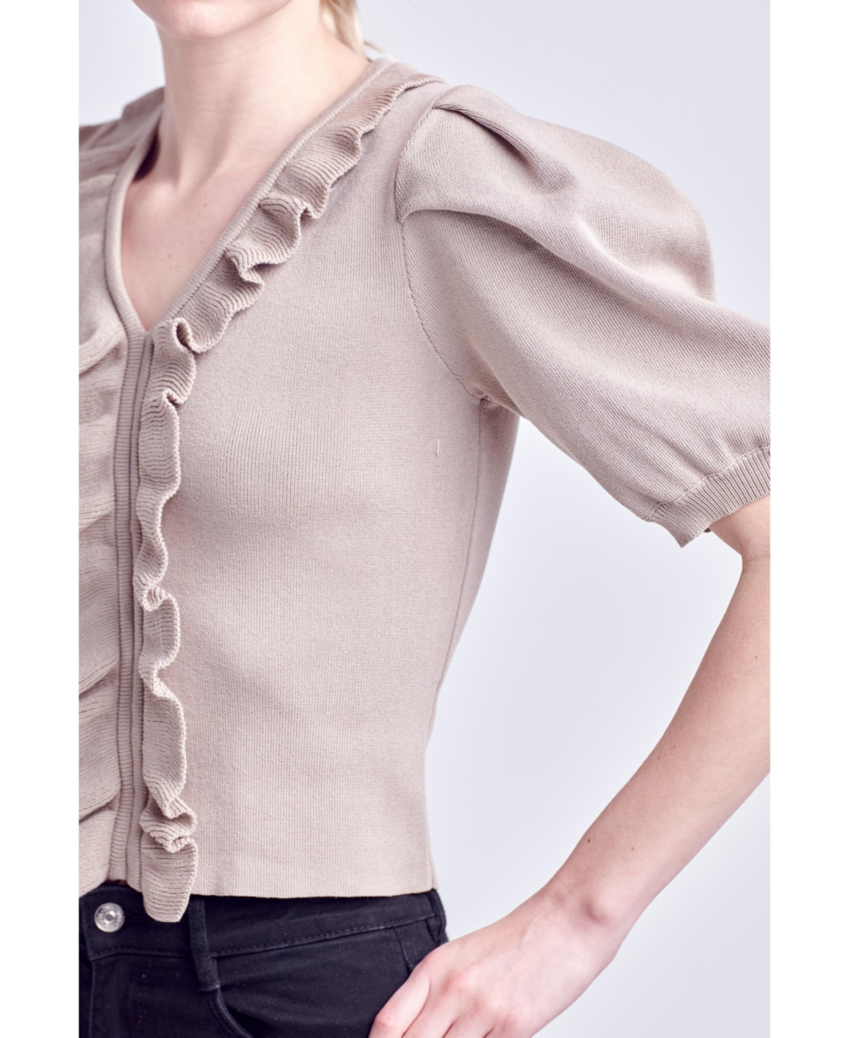 English Factory Women's Ruffled Puff Sleeve Knit Top