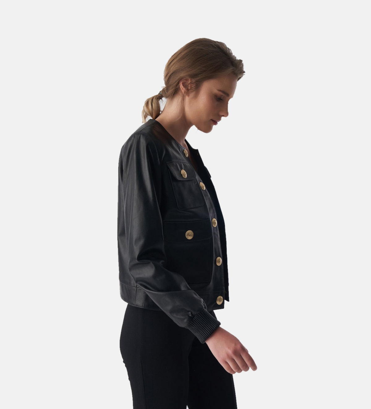 Furniq Uk Women's Collarless Stunning Studs Closure Leather Jacket,- Black