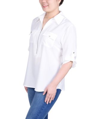 Petite 3/4 Roll Tab Sleeve Zip Front Blouse