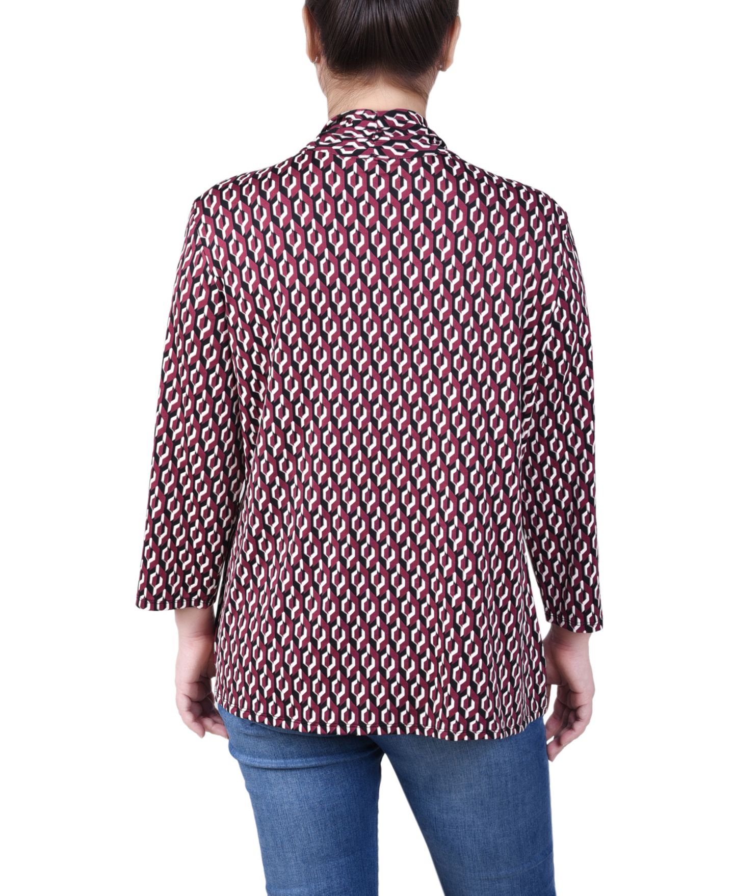 Женский топ NY Collection Petite Puff Print 3/4 Sleeve Two-Fer, цвет: Тёмно-бордовый чёрный — фото 2