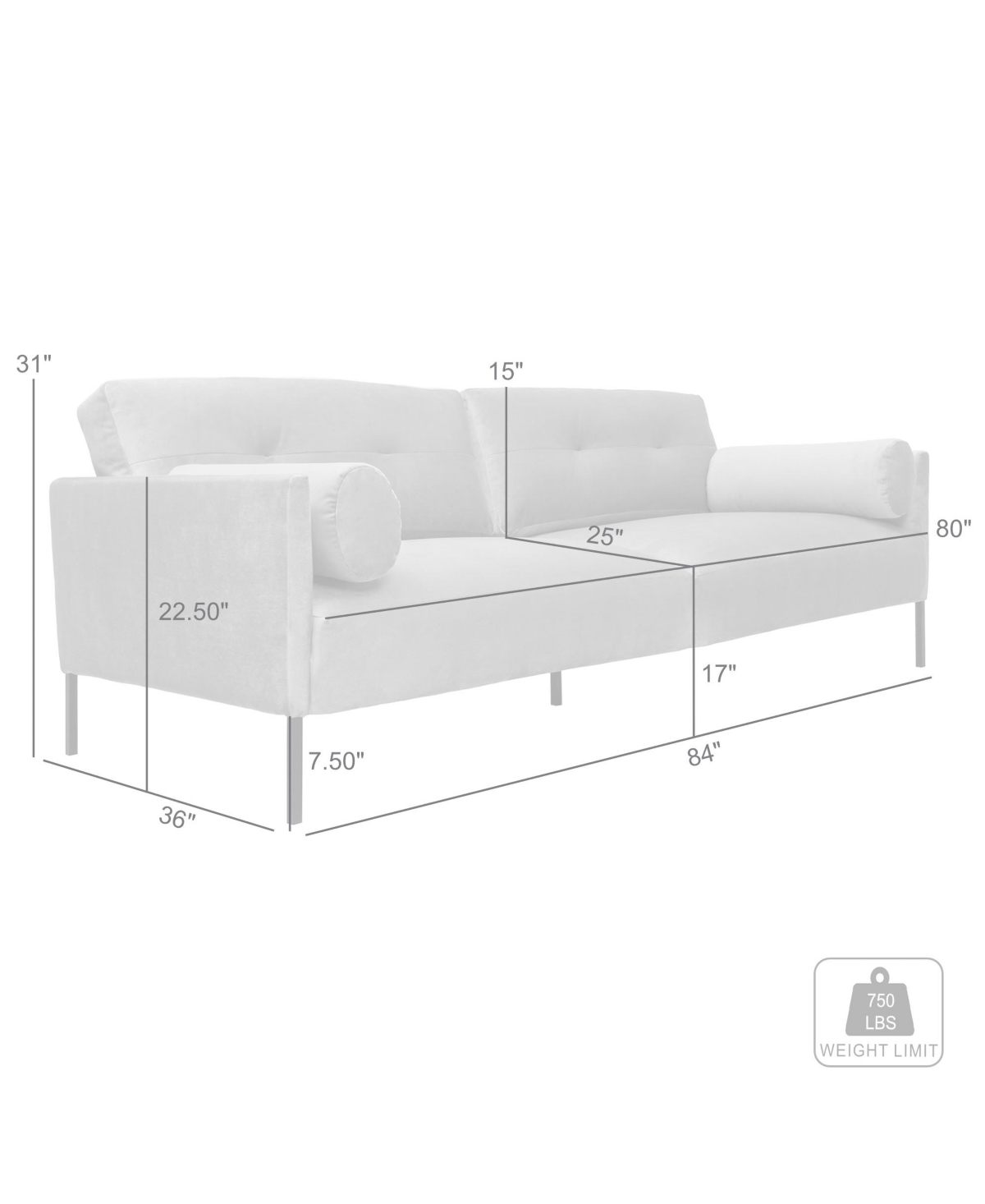 Armen Living Michalina 84" Velvet With Metal Legs Sofa In Fossil Gray,black