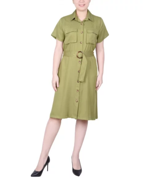 Petite Short Sleeve Belted Utility Style Dress - Olive Green