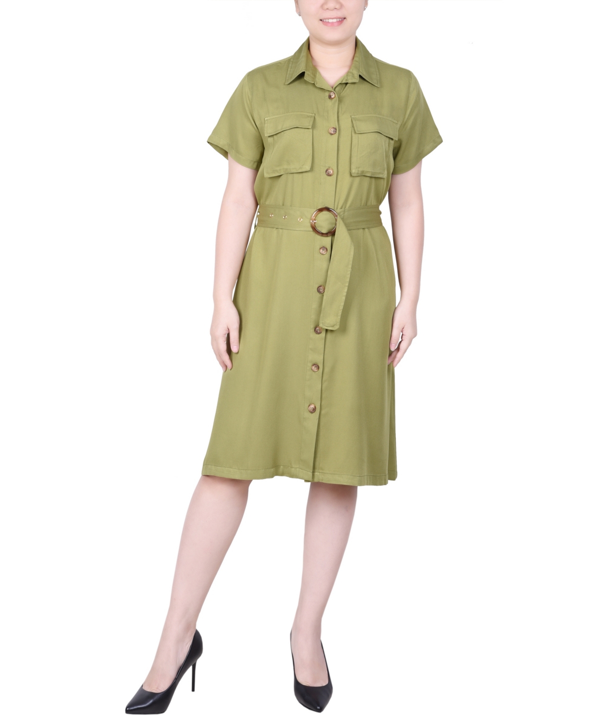 Ny Collection Petite Short Sleeve Belted Utility Style Dress In Olive Green