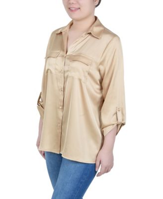 Petite 3/4 Sleeve Roll Tab Satin Blouse