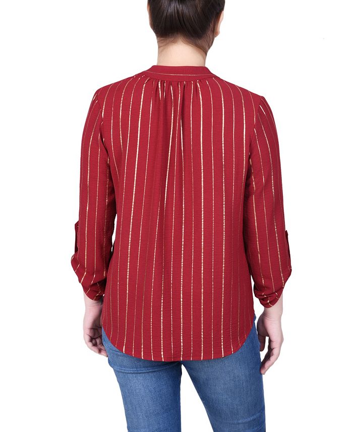 NY Collection Petite Long Sleeve Foil Striped Blouse - Macy's