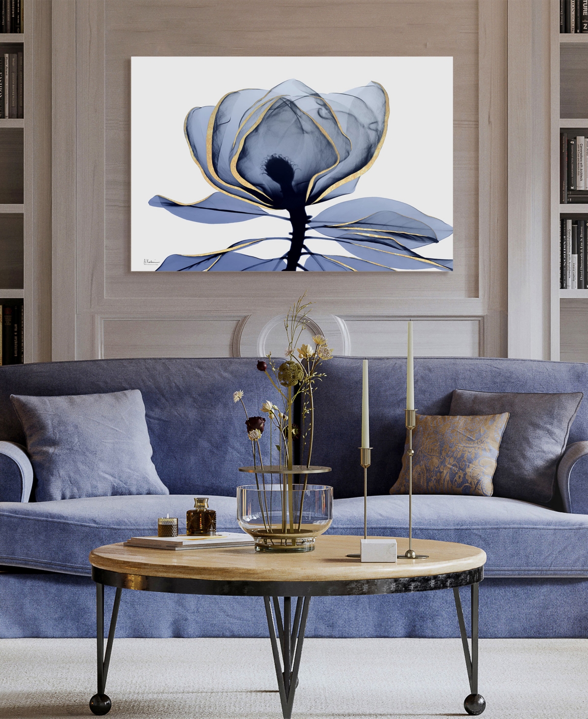 Empire Art Direct "golden-tone Midnight 1" Frameless Free Floating Tempered Glass Panel Graphic Wall Art, 32" X 48" X In Bleached Denim