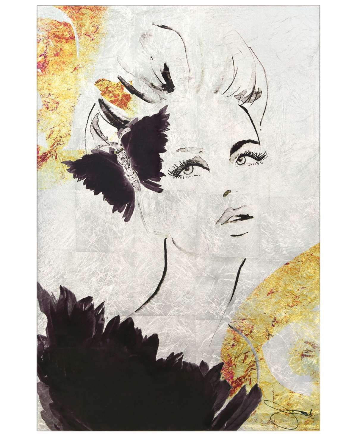 Empire Art Direct "gold-tone Woman 2" Reverse Printed Tempered Glass With Silver-tone Leaf, 36" X 24" X 0.2" In Sliver,black,gold