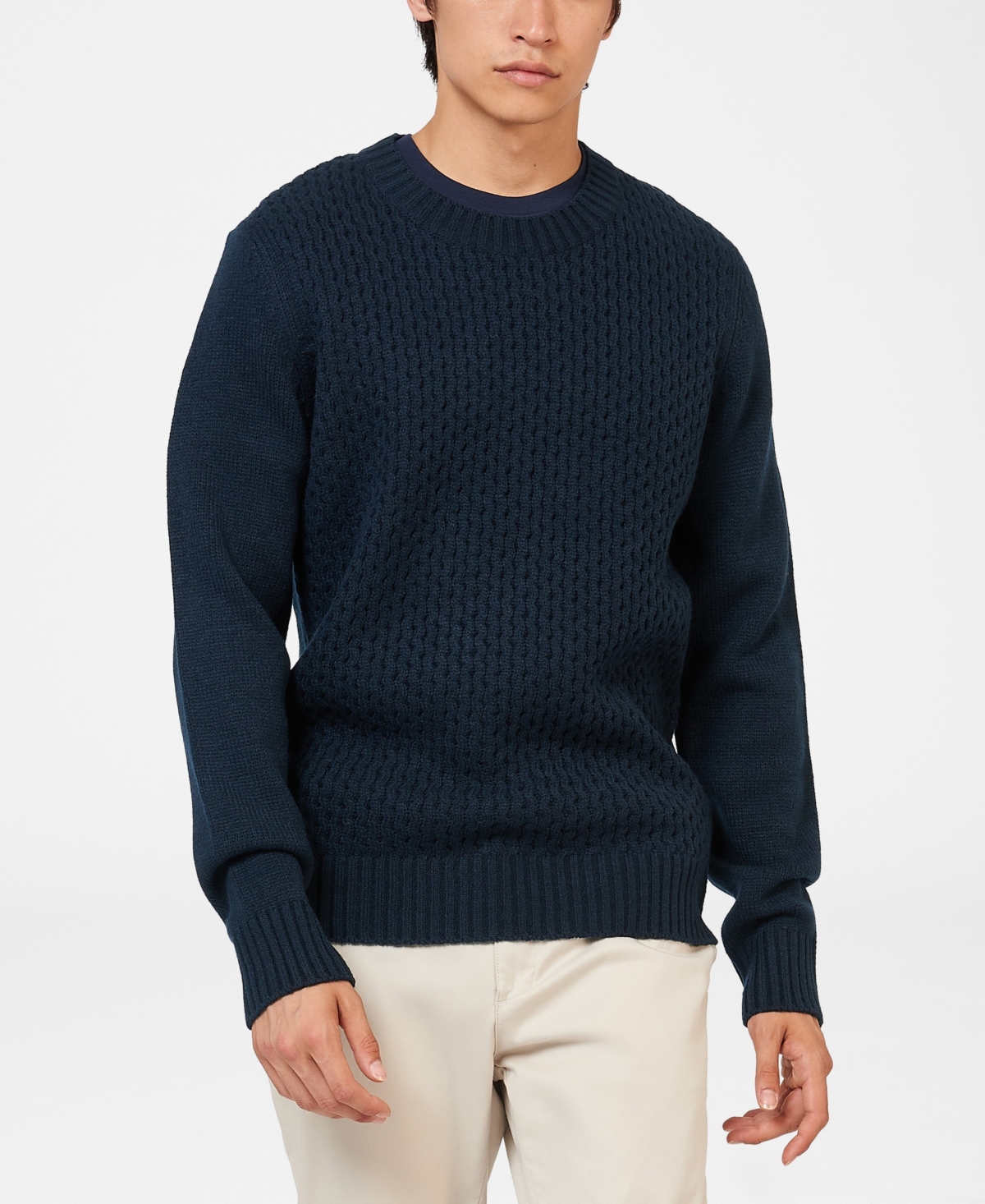 Men's Aran Textured Crew Sweater - Dark Navy