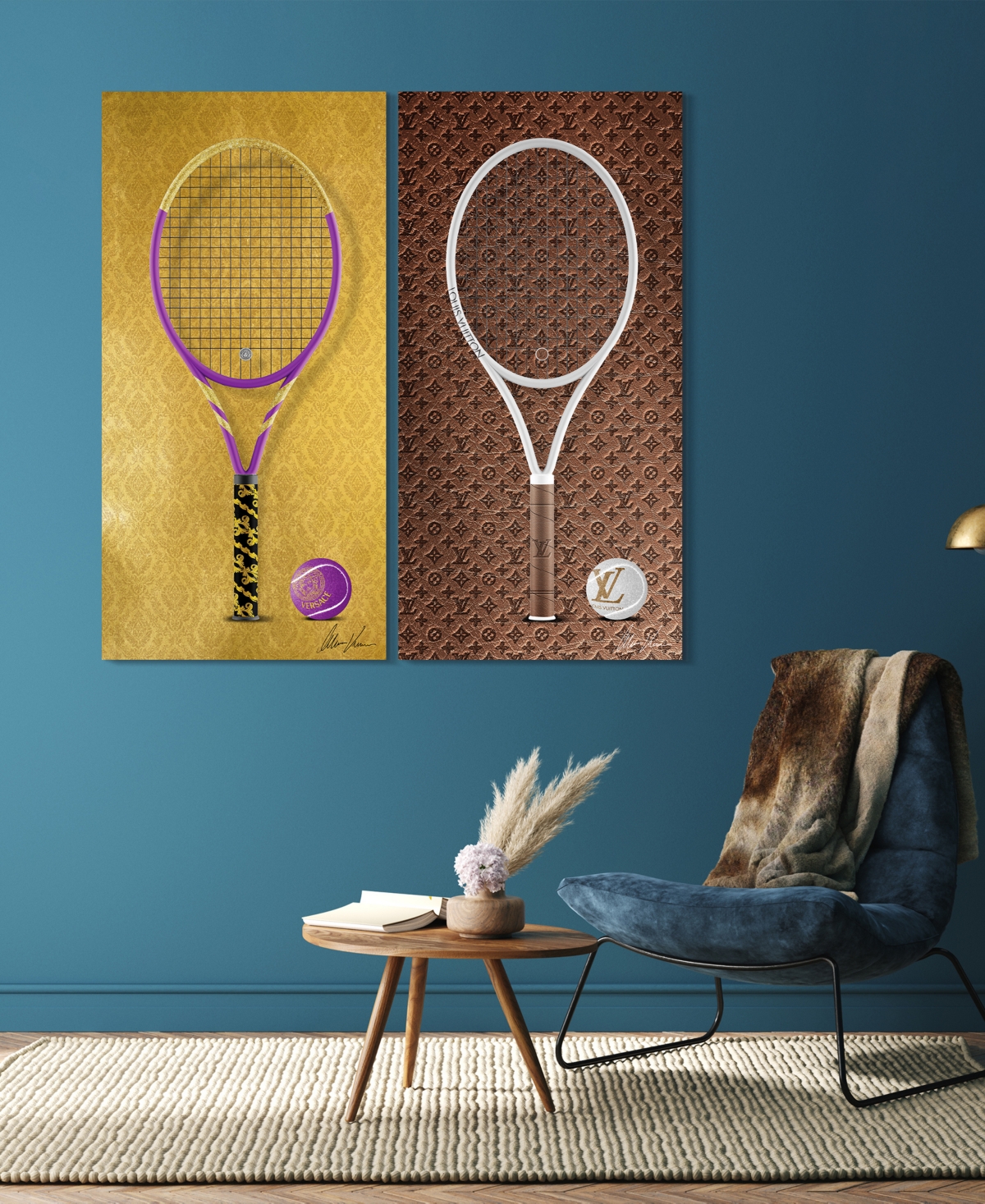 Shop Empire Art Direct "designer Racquet" Frameless Free Floating Tempered Glass Panel Graphic Wall Art Set Of 2, 48" X 24" In Multi-color