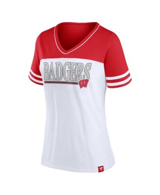 Women's White, Red Wisconsin Badgers Plus Size Field Game V-Neck T-shirt