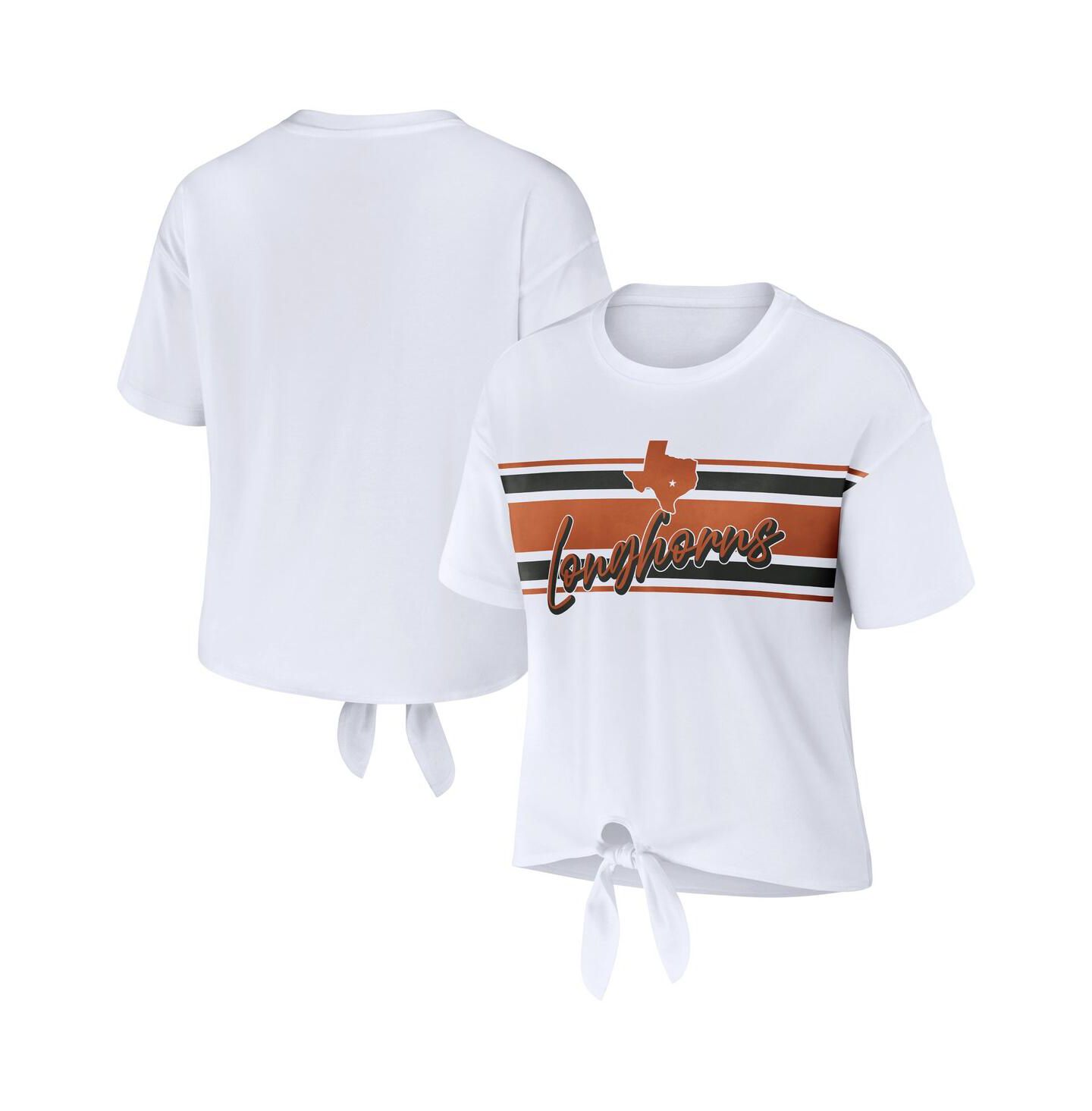 Женская футболка WEAR by Erin Andrews White Texas Longhorns Striped Front Knot Cropped — фото 1