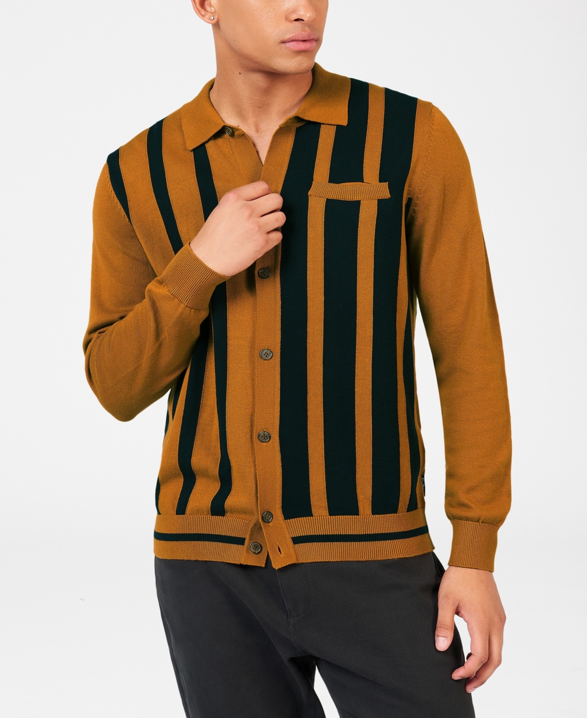 Men's Full Button Front Stripe Sweater - Mustard