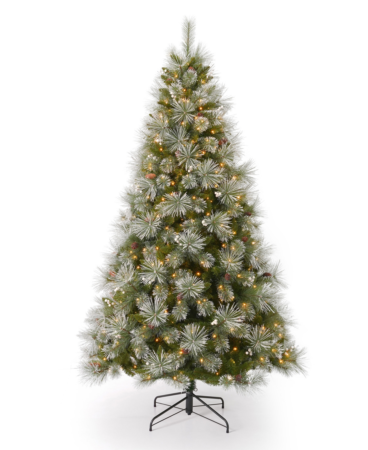 Seasonal Glistening Mountain Pine 6' Pre-lit Pine Needle Mixed Pvc Tree With Metal Stand, Pinecone, Berries, In Green