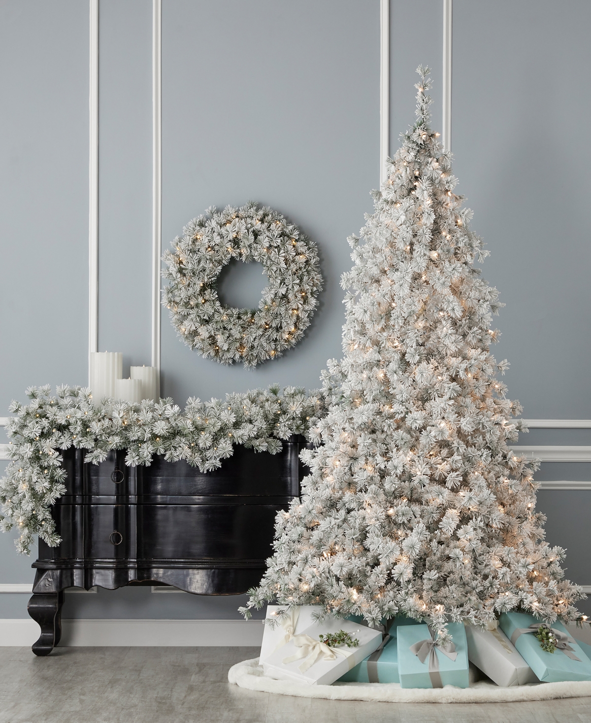 Seasonal Flocked Winter Fir Pre-Lit Flocked Hard Needle Tree with Metal Stand 1198 Tips, 400 Warm Led, Remote, Ez-Connect, Storage Bag