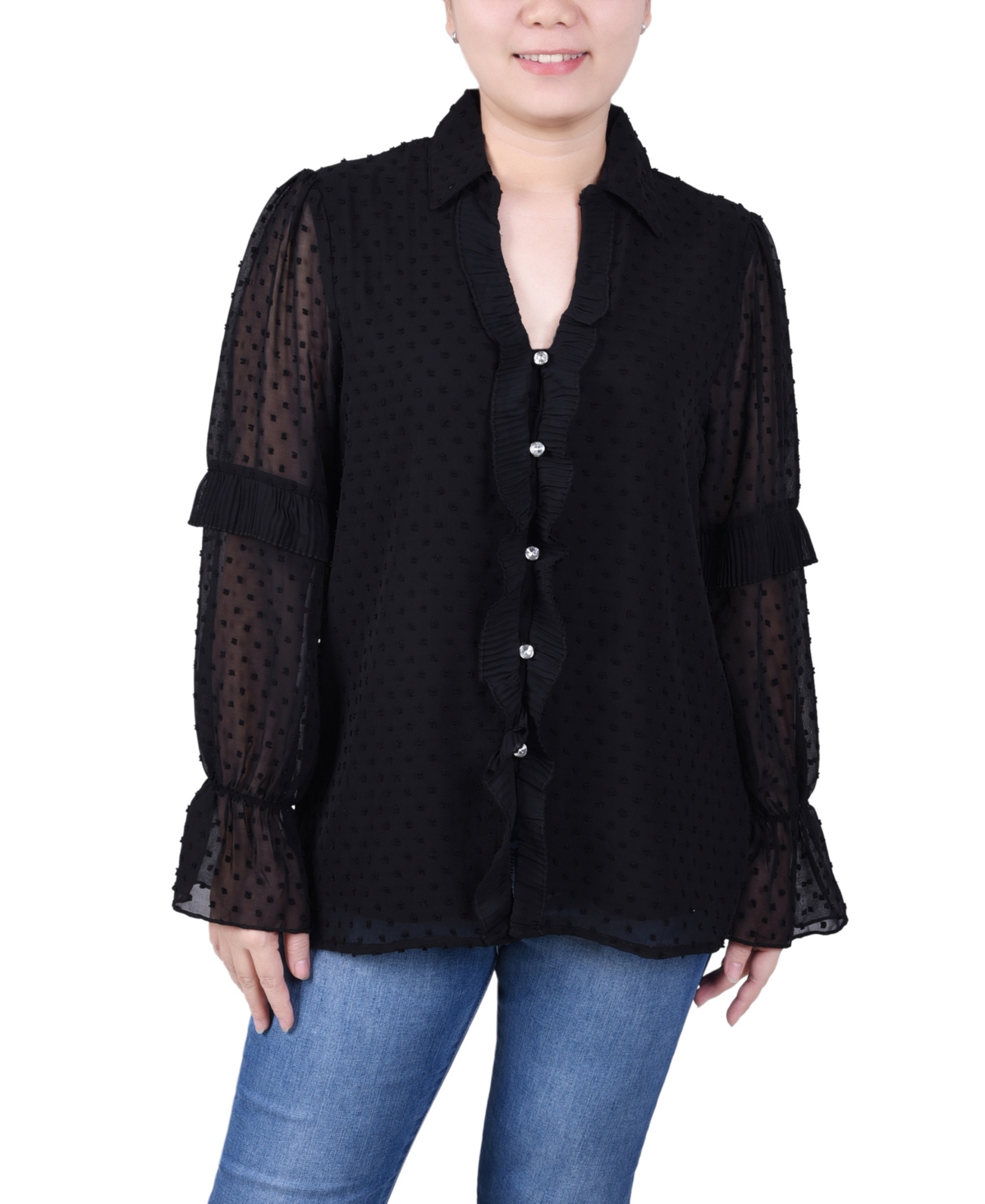 Ny Collection Petite Long Sleeve Dotted Chiffon Blouse In Black