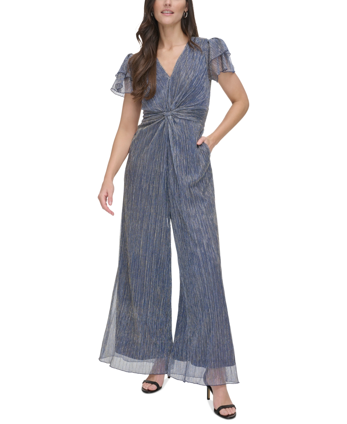 Vince Camuto Women's Crinkled Metallic Twist-front Jumpsuit In Blue