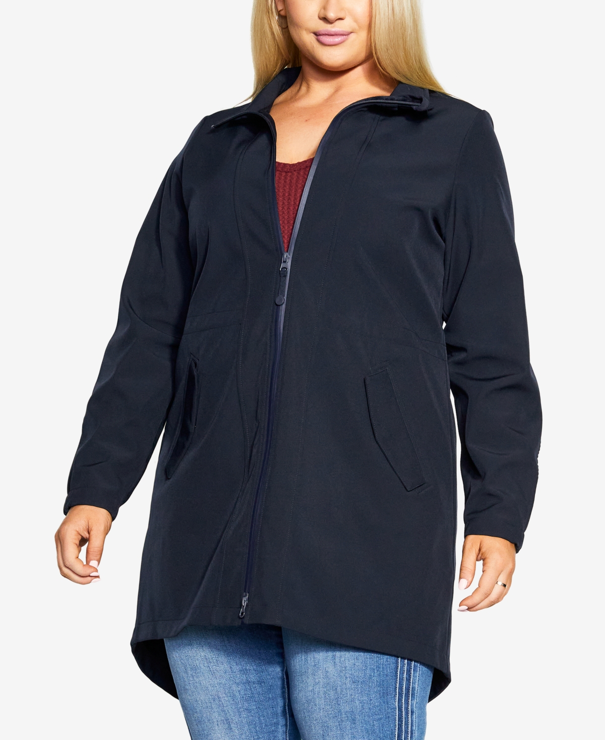 Avenue Plus Size Longline Weatherproof Hood Jacket In Navy