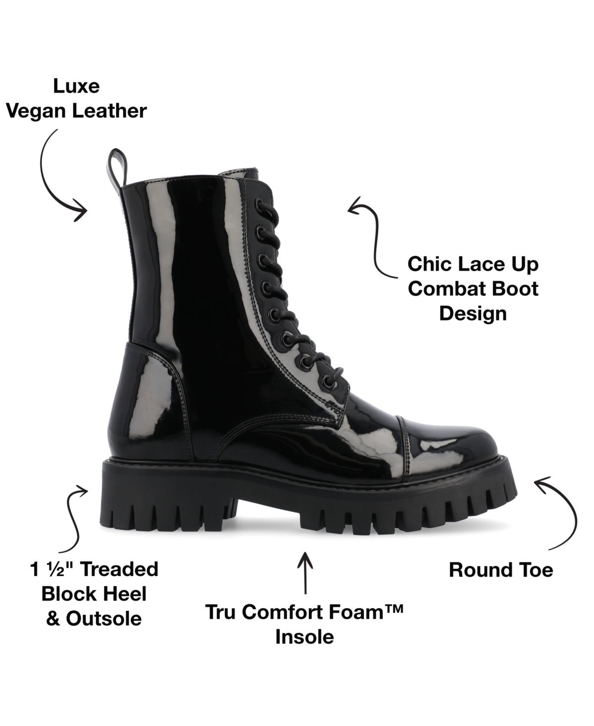 Journee Collection Women's Aaley Medium And Wide Width Lug Combat Bootie In Black Patent