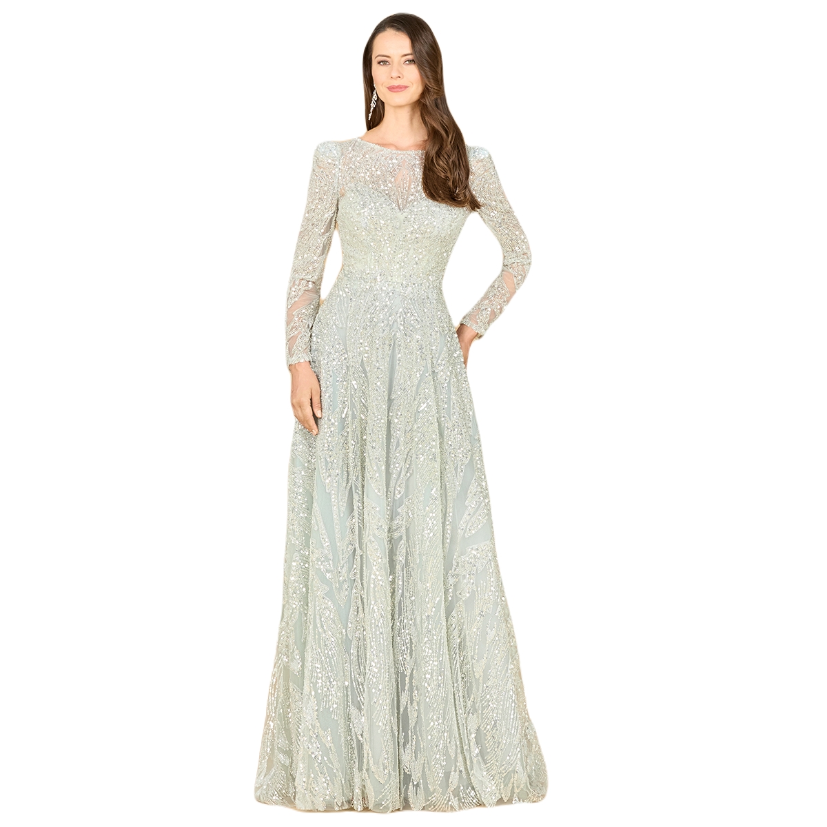 Women's Long Sleeve Beaded Lace Gown - Frost
