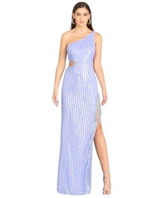 macys beaded dress Lara Women's Wendy Fringe Gown Model measurements Luxe Look Edikted Soho Open Back Color:Biscotti